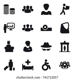 16 vector icon set : coin stack, group, woman, courier, presentation, detector, passenger, hospital, invalid, outsource