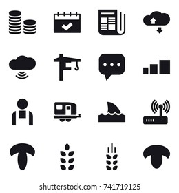 16 vector icon set : coin stack, calendar, newspaper, cloude service, cloud wireless, tower crane, trailer, shark flipper, spikelets, mushroom