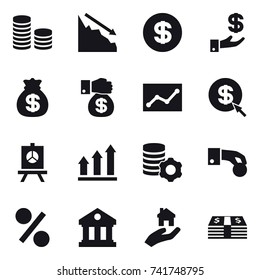 16 Vector Icon Set : Coin Stack, Crisis, Dollar, Investment, Money Bag, Money Gift, Statistic, Dollar Arrow, Presentation, Graph Up, Virtual Mining, Hand Coin, Percent, Library, Real Estate