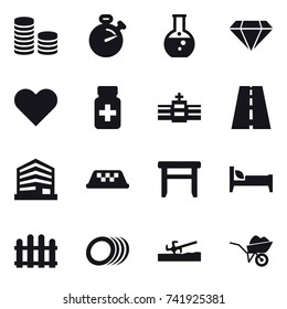 16 vector icon set : coin stack, stopwatch, round flask, diamond, taxi, stool, bed, fence, soil cutter, wheelbarrow