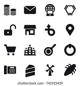 16 vector icon set : coin stack, mail, notebook globe, hex molecule, unlock, shop, hotel, pan, windmill, bug