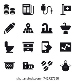 16 vector icon set : coin stack, newspaper, pencil, water tap, toilet, nightstand, colander, coffee seeds, apron