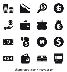 16 vector icon set : coin stack, crisis, dollar magnifier, dollar, investment, wallet, purse, money bag, money, money gift, crypto currency, dollar coin, atm