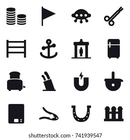 16 vector icon set : coin stack, flag, ufo, detector, fridge, toaster, stands for knives, kitchen scales, walnut crack, horseshoe, grain elevator