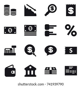 16 vector icon set : coin stack, crisis, dollar magnifier, receipt, money, diagram, percent, cashbox, dollar arrow, money message, wallet, library