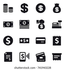 16 vector icon set : coin stack, dollar, money bag, money, money gift, cashbox, dollar coin, credit card, receipt, account balance, mobile pay, atm receipt