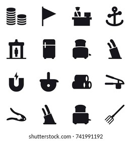 16 vector icon set : coin stack, flag, detector, fridge, toaster, stands for knives, garlic clasp, walnut crack, knife holder, fork