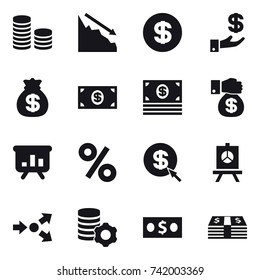 16 vector icon set : coin stack, crisis, dollar, investment, money bag, money, money gift, presentation, percent, dollar arrow, core splitting, virtual mining
