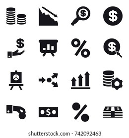 16 vector icon set : coin stack, crisis, dollar magnifier, dollar, investment, presentation, percent, dollar arrow, core splitting, graph up, virtual mining, hand coin, money