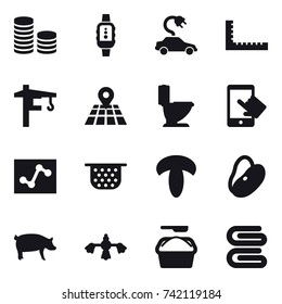 16 vector icon set : coin stack, smartwatch, electric car, ruler, tower crane, toilet, colander, pig, hard reach place cleaning, washing powder, stack of towels