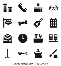 16 vector icon set : coin stack, phone, sun power, smart glasses, shop signboard, bone, building, repair tools, rake, blower, hanger, toilet brush