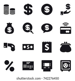 16 vector icon set : coin stack, dollar, investment, money bag, dollar arrow, money message, tap to pay, hand coin, money, receipt, purse, percent, atm, safe
