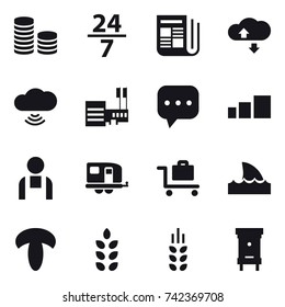 16 vector icon set : coin stack, 24/7, newspaper, cloude service, cloud wireless, mall, trailer, baggage trolley, shark flipper, spikelets, hive