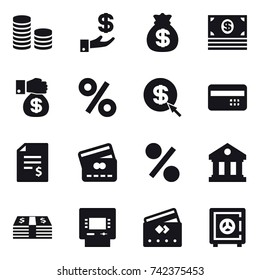 16 vector icon set : coin stack, investment, money bag, money, money gift, percent, dollar arrow, credit card, account balance, library, atm, safe