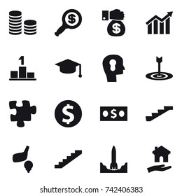 16 vector icon set : coin stack, dollar magnifier, money gift, diagram, pedestal, graduate hat, bulb head, target, puzzle, dollar coin, money, stairs, golf, housing