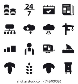 16 vector icon set : coin stack, 24/7, calendar, newspaper, structure, cloude service, cloud wireless, tower crane, trailer, shark flipper, spikelets, mushroom, hive