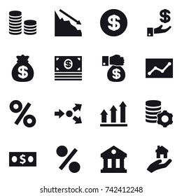 16 Vector Icon Set : Coin Stack, Crisis, Dollar, Investment, Money Bag, Money, Money Gift, Statistic, Percent, Core Splitting, Graph Up, Virtual Mining, Library, Real Estate