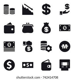 16 vector icon set : coin stack, crisis, dollar, investment, wallet, purse, money bag, money, money gift, virtual mining, crypto currency, dollar coin, atm