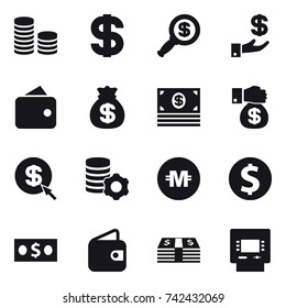 16 vector icon set : coin stack, dollar, dollar magnifier, investment, wallet, money bag, money, money gift, dollar arrow, virtual mining, crypto currency, dollar coin, atm