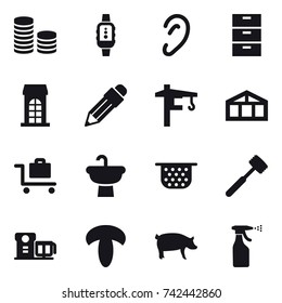 16 vector icon set : coin stack, smartwatch, building, pencil, tower crane, greenhouse, baggage trolley, colander, meat hammer, pig, sprayer