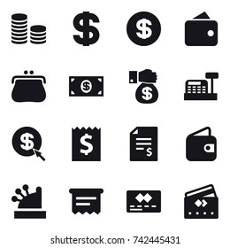 16 vector icon set : coin stack, dollar, wallet, purse, money, money gift, cashbox, dollar arrow, receipt, account balance, atm receipt, credit card