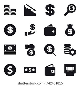16 vector icon set : coin stack, crisis, dollar, dollar magnifier, investment, wallet, money bag, money, money gift, dollar arrow, virtual mining, dollar coin, atm
