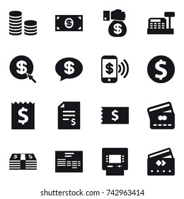 16 vector icon set : coin stack, money, money gift, cashbox, dollar arrow, money message, phone pay, dollar coin, receipt, account balance, credit card, atm