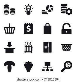 16 vector icon set : coin stack, bulb, diagram, virtual mining, basket, receipt, shopping bag, unlock, radiator, fridge, colander, berry, hierarchy, viruses
