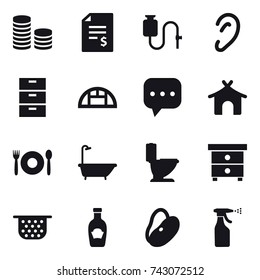 16 vector icon set : coin stack, account balance, greenhouse, bungalow, cafe, bath, toilet, nightstand, colander, sprayer