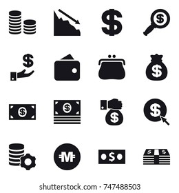 16 vector icon set : coin stack, crisis, dollar, dollar magnifier, investment, wallet, purse, money bag, money, money gift, dollar arrow, virtual mining, crypto currency