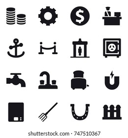 16 vector icon set : coin stack, gear, dollar coin, vip fence, detector, safe, water tap, toaster, kitchen scales, fork, horseshoe, grain elevator