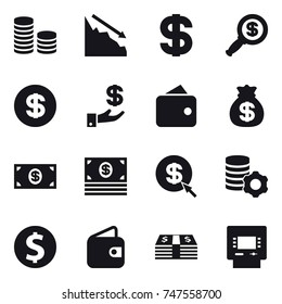 16 vector icon set : coin stack, crisis, dollar, dollar magnifier, investment, wallet, money bag, dollar arrow, virtual mining, dollar coin, atm