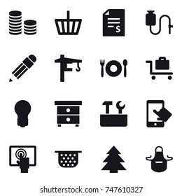 16 vector icon set : coin stack, basket, account balance, pencil, tower crane, cafe, baggage trolley, bulb, nightstand, repair tools, colander, spruce, apron
