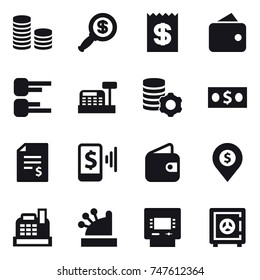16 vector icon set : coin stack, dollar magnifier, receipt, wallet, diagram, cashbox, virtual mining, money, account balance, mobile pay, dollar pin, atm, safe