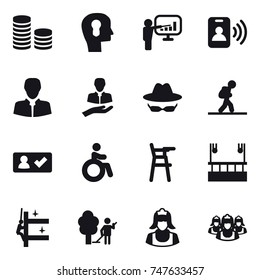 16 vector icon set : coin stack, bulb head, presentation, pass card, tourist, check in, invalid, Chair for babies, skyscapers cleaning, skyscrapers cleaning, garden cleaning, cleaner, outsource
