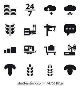 16 vector icon set : coin stack, 24/7, cloude service, cloud wireless, mall, tower crane, trailer, baggage trolley, spikelets, mushroom