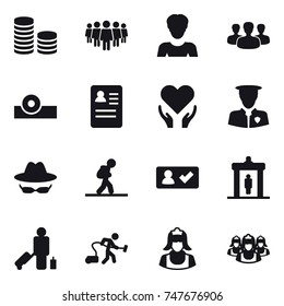 16 vector icon set : coin stack, team, woman, group, tourist, check in, detector, passenger, vacuum cleaner, cleaner, outsource