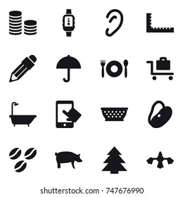 16 vector icon set : coin stack, smartwatch, ruler, pencil, cafe, baggage trolley, bath, kolander, coffee seeds, pig, spruce, hard reach place cleaning