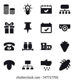 16 vector icon set : coin stack, bulb, calendar, structure, gift, surveillance camera, phone, berry, mushroom, hierarchy, sow, bug