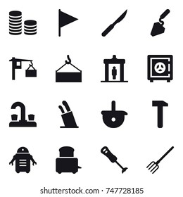 16 vector icon set : coin stack, flag, construction, detector, safe, water tap, stands for knives, fork