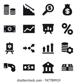 16 vector icon set : coin stack, crisis, dollar magnifier, money bag, money, statistic, presentation, percent, core splitting, graph up, virtual mining, hand coin, library