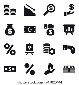 16 vector icon set : coin stack, crisis, dollar magnifier, investment, money bag, money, money gift, presentation, percent, virtual mining, hand coin, real estate