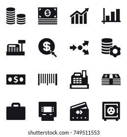 16 vector icon set : coin stack, money, diagram, graph, cashbox, dollar arrow, core splitting, virtual mining, barcode, suitcase iocn, atm, credit card, safe