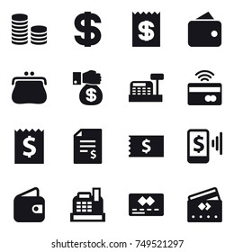 16 vector icon set : coin stack, dollar, receipt, wallet, purse, money gift, cashbox, tap to pay, account balance, mobile pay, credit card