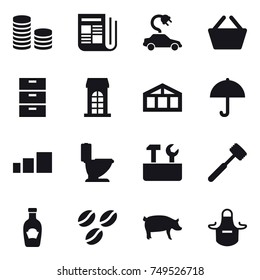 16 vector icon set : coin stack, newspaper, electric car, basket, building, greenhouse, toilet, repair tools, meat hammer, coffee seeds, pig, apron