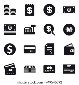 16 vector icon set : coin stack, receipt, dollar, money, cashbox, dollar arrow, crypto currency, dollar coin, credit card, account balance, wallet