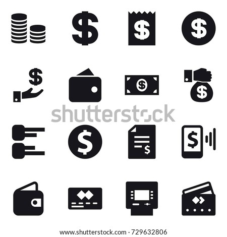 16 vector icon set : coin stack, dollar, receipt, investment, wallet, money, money gift, diagram, dollar coin, account balance, mobile pay, atm, credit card