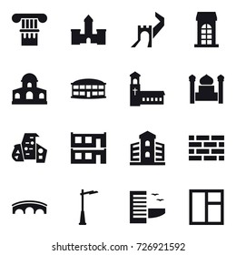 16 vector icon set : column, castle, greate wall, building, mansion, airport building, church, minaret, modern architecture, modular house, brick wall, bridge, outdoor light, hotel, window