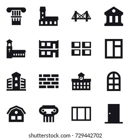 16 vector icon set : column, mansion, bridge, library, church, modular house, panel house, window, building, brick wall, university, arch window, house, antique column, door