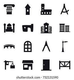 16 vector icon set : column, tower, mansion, draw compass, minaret, slum, building, district, bridge, arch window, drawing compass, outdoor light, shop, door, farm fence